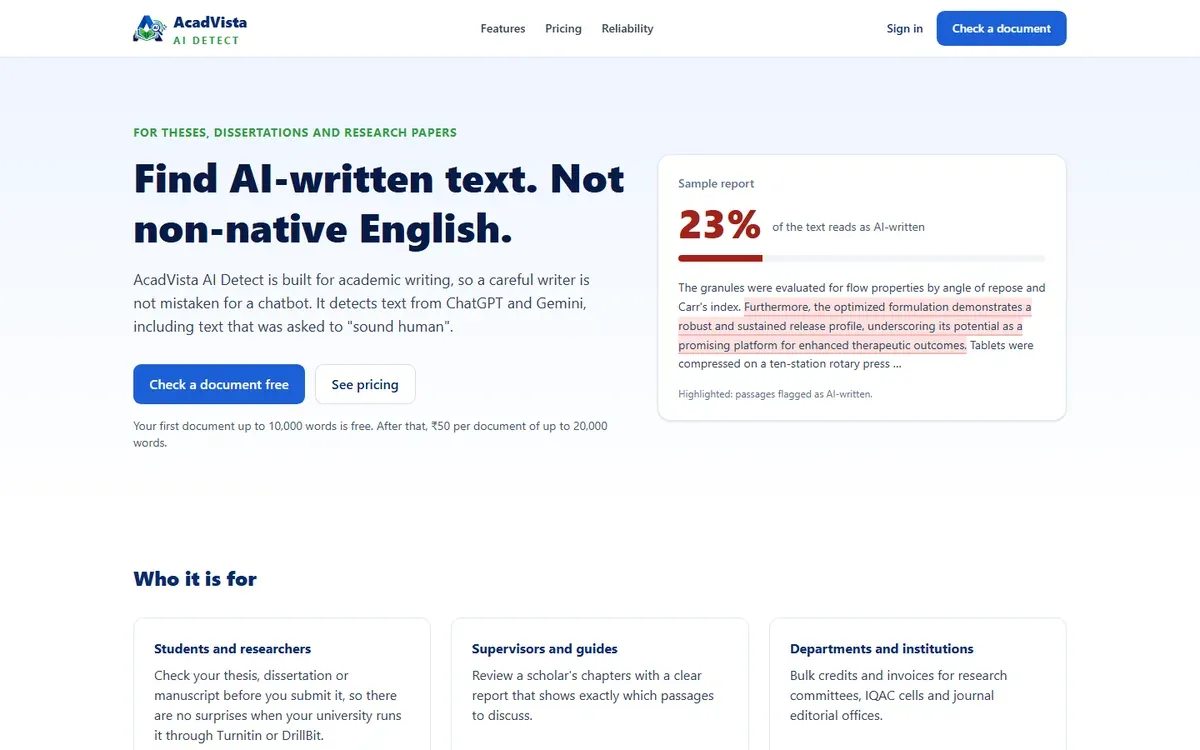 The AcadVista AI Detect homepage, with a sample report that highlights the passages read as AI-written