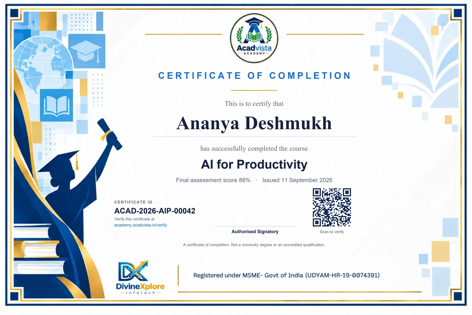 A sample Acadvista Academy certificate of completion, showing the learner name, course, certificate ID and a QR code that opens the verification page