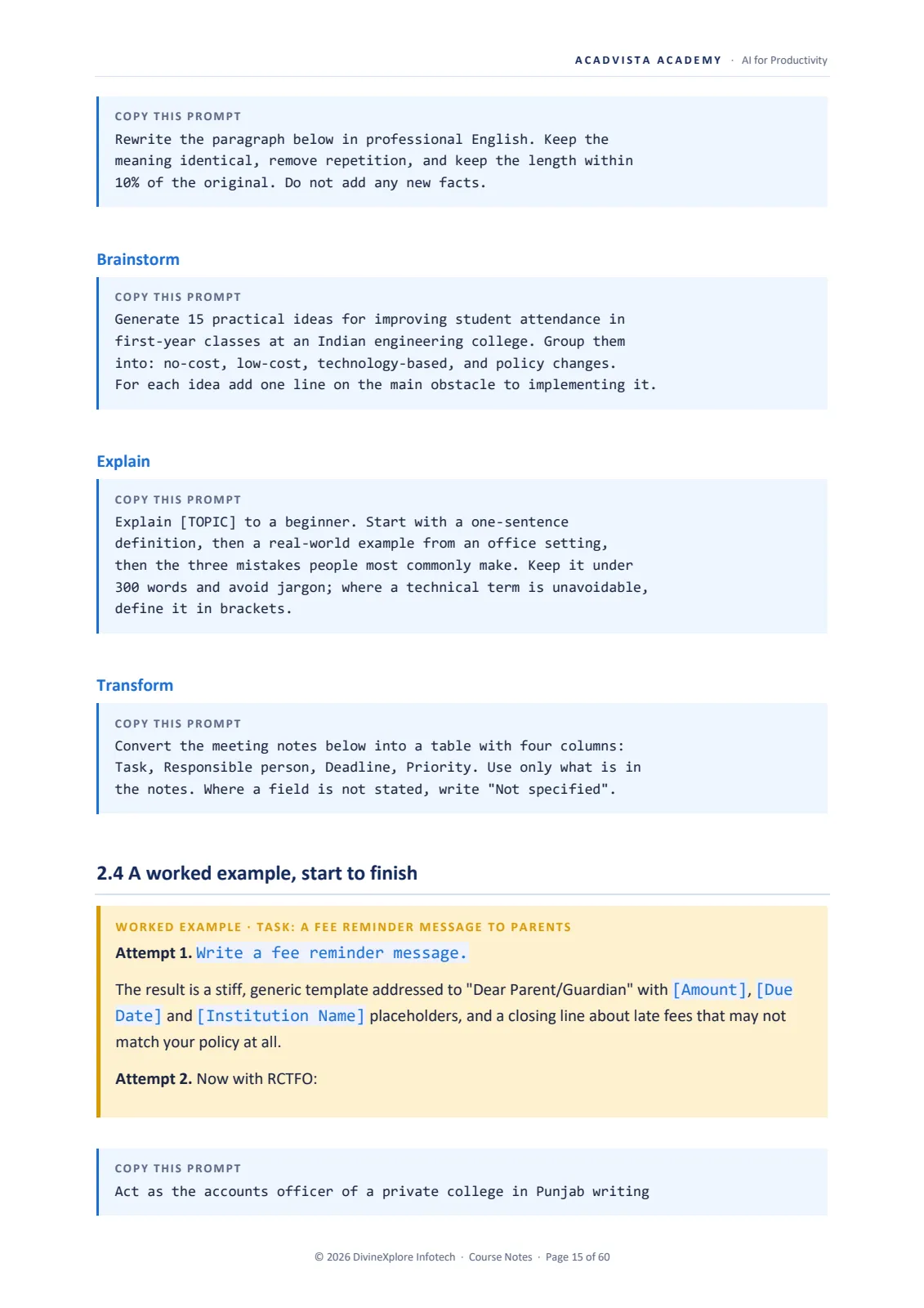 A notes page showing worked prompt examples